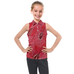 Red Peacock Floral Embroidered Long Qipao Traditional Chinese Cheongsam Mandarin Kids  Sleeveless Polo T-Shirt