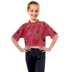 Red Peacock Floral Embroidered Long Qipao Traditional Chinese Cheongsam Mandarin Kids Mock Neck T-Shirt