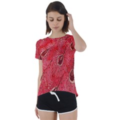 Red Peacock Floral Embroidered Long Qipao Traditional Chinese Cheongsam Mandarin Short Sleeve Open Back T-Shirt