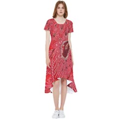 Red Peacock Floral Embroidered Long Qipao Traditional Chinese Cheongsam Mandarin High Low Boho Dress