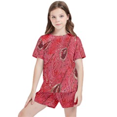 Red Peacock Floral Embroidered Long Qipao Traditional Chinese Cheongsam Mandarin Kids  T-Shirt And Sports Shorts Set