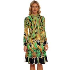 Unusual Peacock Drawn With Flame Lines Long Sleeve Shirt Collar A-line Dress by Ket1n9