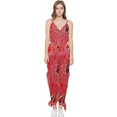 Red Peacock Floral Embroidered Long Qipao Traditional Chinese Cheongsam Mandarin Sleeveless Tie Ankle Chiffon Jumpsuit