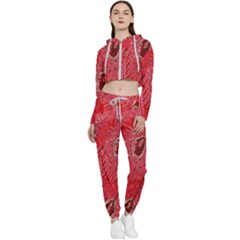 Red Peacock Floral Embroidered Long Qipao Traditional Chinese Cheongsam Mandarin Cropped Zip Up Lounge Set