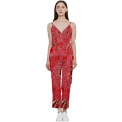 Red Peacock Floral Embroidered Long Qipao Traditional Chinese Cheongsam Mandarin V-Neck Camisole Jumpsuit