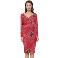 Red Peacock Floral Embroidered Long Qipao Traditional Chinese Cheongsam Mandarin Long Sleeve V-Neck Bodycon Dress 