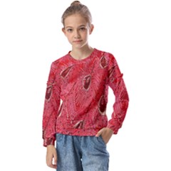 Red Peacock Floral Embroidered Long Qipao Traditional Chinese Cheongsam Mandarin Kids  Long Sleeve T-Shirt with Frill 