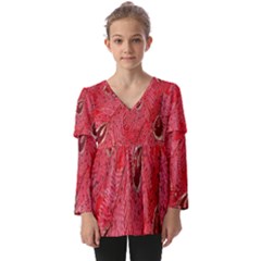 Red Peacock Floral Embroidered Long Qipao Traditional Chinese Cheongsam Mandarin Kids  V Neck Casual Top