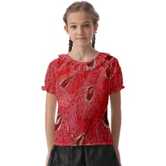 Red Peacock Floral Embroidered Long Qipao Traditional Chinese Cheongsam Mandarin Kids  Frill Chiffon Blouse