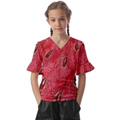Red Peacock Floral Embroidered Long Qipao Traditional Chinese Cheongsam Mandarin Kids  V-Neck Horn Sleeve Blouse