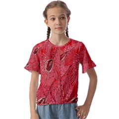 Red Peacock Floral Embroidered Long Qipao Traditional Chinese Cheongsam Mandarin Kids  Cuff Sleeve Scrunch Bottom T-Shirt