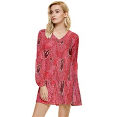 Red Peacock Floral Embroidered Long Qipao Traditional Chinese Cheongsam Mandarin Tiered Long Sleeve Mini Dress