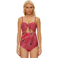Red Peacock Floral Embroidered Long Qipao Traditional Chinese Cheongsam Mandarin Knot Front One-Piece Swimsuit