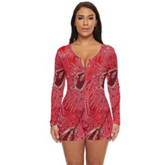 Red Peacock Floral Embroidered Long Qipao Traditional Chinese Cheongsam Mandarin Long Sleeve Boyleg Swimsuit