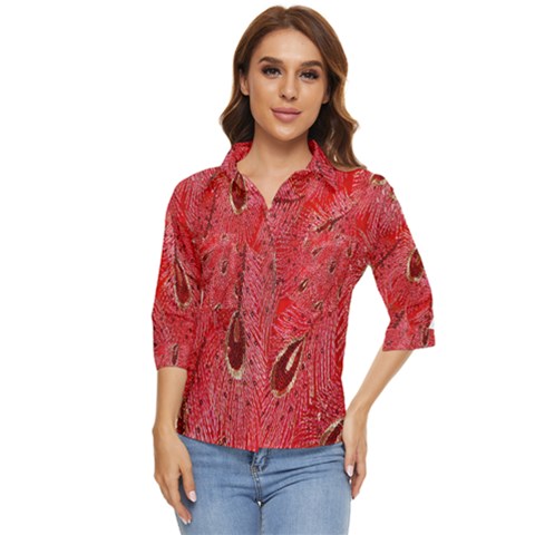 Red Peacock Floral Embroidered Long Qipao Traditional Chinese Cheongsam Mandarin Women s Quarter Sleeve Pocket Shirt by Ket1n9