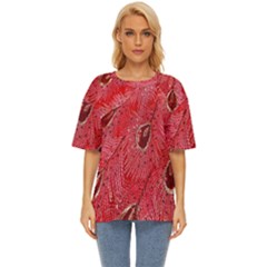 Red Peacock Floral Embroidered Long Qipao Traditional Chinese Cheongsam Mandarin Oversized Basic T-Shirt