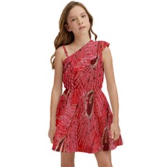 Red Peacock Floral Embroidered Long Qipao Traditional Chinese Cheongsam Mandarin Kids  One Shoulder Party Dress