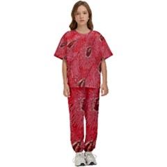 Red Peacock Floral Embroidered Long Qipao Traditional Chinese Cheongsam Mandarin Kids  T-Shirt and Pants Sports Set