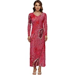 Red Peacock Floral Embroidered Long Qipao Traditional Chinese Cheongsam Mandarin Long Sleeve Longline Maxi Dress