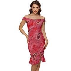 Red Peacock Floral Embroidered Long Qipao Traditional Chinese Cheongsam Mandarin Off Shoulder Ruffle Split Hem Bodycon Dress