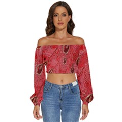 Red Peacock Floral Embroidered Long Qipao Traditional Chinese Cheongsam Mandarin Long Sleeve Crinkled Weave Crop Top