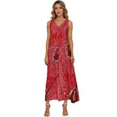 Red Peacock Floral Embroidered Long Qipao Traditional Chinese Cheongsam Mandarin V-Neck Sleeveless Loose Fit Overalls