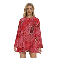 Red Peacock Floral Embroidered Long Qipao Traditional Chinese Cheongsam Mandarin Round Neck Long Sleeve Bohemian Style Chiffon Mini Dress