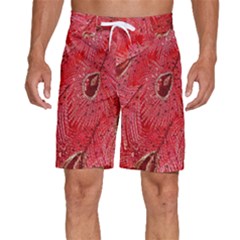 Red Peacock Floral Embroidered Long Qipao Traditional Chinese Cheongsam Mandarin Men s Beach Shorts