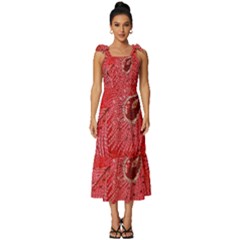 Red Peacock Floral Embroidered Long Qipao Traditional Chinese Cheongsam Mandarin Tie-Strap Tiered Midi Chiffon Dress
