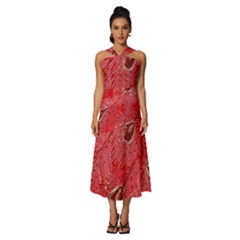 Red Peacock Floral Embroidered Long Qipao Traditional Chinese Cheongsam Mandarin Sleeveless Cross Front Cocktail Midi Chiffon Dress