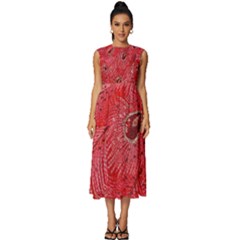 Red Peacock Floral Embroidered Long Qipao Traditional Chinese Cheongsam Mandarin Sleeveless Round Neck Midi Dress