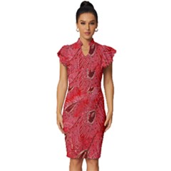 Red Peacock Floral Embroidered Long Qipao Traditional Chinese Cheongsam Mandarin Vintage Frill Sleeve V-Neck Bodycon Dress