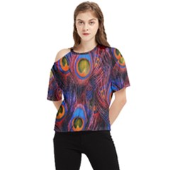 Pretty Peacock Feather One Shoulder Cut Out T-shirt by Ket1n9