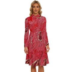Red Peacock Floral Embroidered Long Qipao Traditional Chinese Cheongsam Mandarin Long Sleeve Shirt Collar A-Line Dress