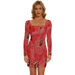 Red Peacock Floral Embroidered Long Qipao Traditional Chinese Cheongsam Mandarin Long Sleeve Square Neck Bodycon Velvet Dress