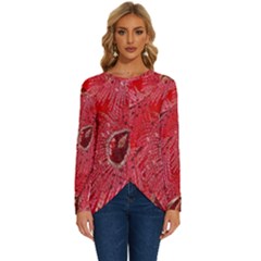 Red Peacock Floral Embroidered Long Qipao Traditional Chinese Cheongsam Mandarin Long Sleeve Crew Neck Pullover Top