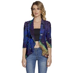 Peacock Feather Retina Mac Women s 3/4 Sleeve Ruffle Edge Open Front Jacket by Ket1n9