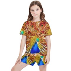 Fractal Peacock Art Kids  T-shirt And Sports Shorts Set by Ket1n9