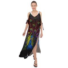 Beautiful Peacock Feather Maxi Chiffon Cover Up Dress