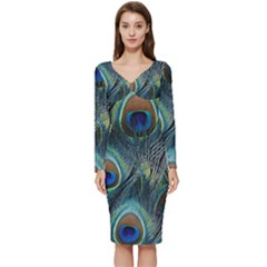 Feathers Art Peacock Sheets Patterns Long Sleeve V-neck Bodycon Dress  by Ket1n9