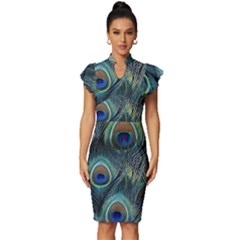 Feathers Art Peacock Sheets Patterns Vintage Frill Sleeve V-neck Bodycon Dress by Ket1n9