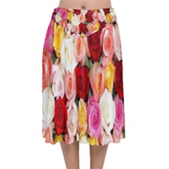 Rose Color Beautiful Flowers Velvet Flared Midi Skirt by Ket1n9