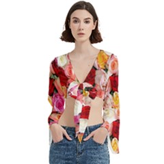 Rose Color Beautiful Flowers Trumpet Sleeve Cropped Top