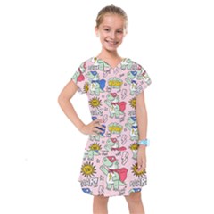 Seamless Pattern With Many Funny Cute Superhero Dinosaurs T-rex Mask Cloak With Comics Style Inscrip Kids  Drop Waist Dress by Ket1n9