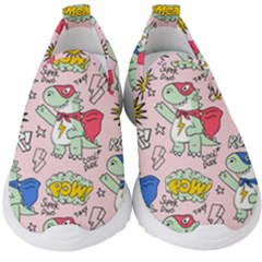 Seamless Pattern With Many Funny Cute Superhero Dinosaurs T-rex Mask Cloak With Comics Style Inscrip Kids  Slip On Sneakers by Ket1n9