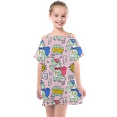 Seamless Pattern With Many Funny Cute Superhero Dinosaurs T-rex Mask Cloak With Comics Style Inscrip Kids  One Piece Chiffon Dress by Ket1n9