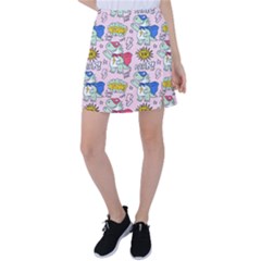 Seamless Pattern With Many Funny Cute Superhero Dinosaurs T-rex Mask Cloak With Comics Style Inscrip Tennis Skirt