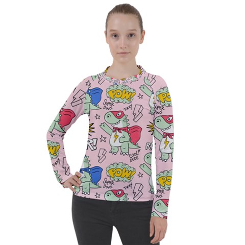 Seamless Pattern With Many Funny Cute Superhero Dinosaurs T-rex Mask Cloak With Comics Style Inscrip Women s Pique Long Sleeve T-shirt by Ket1n9