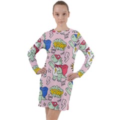 Seamless Pattern With Many Funny Cute Superhero Dinosaurs T-rex Mask Cloak With Comics Style Inscrip Long Sleeve Hoodie Dress by Ket1n9