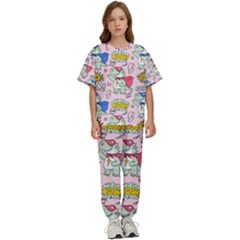 Seamless Pattern With Many Funny Cute Superhero Dinosaurs T-rex Mask Cloak With Comics Style Inscrip Kids  T-shirt And Pants Sports Set by Ket1n9